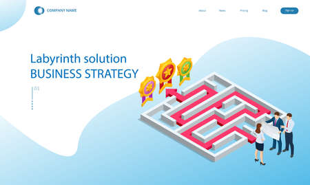 Isometric maze, labyrinth solution. Business team looking for solution in a maze. The path to the goal or success, teamwork and business strategyのイラスト素材