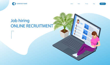 Isometric hiring and recruitment concept for web page, banner, presentation. Job interview, recruitment agency. HR job seekingのイラスト素材
