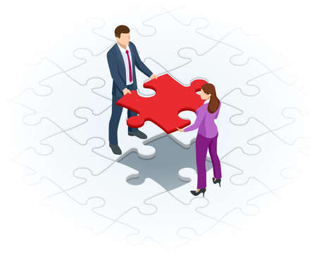 Isometric Teamwork with Puzzle, Teamwork, Cooperation, Partnership Concept. Collaboration, Unity as Jigsaw. Solution and Success.のイラスト素材