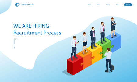 Isometric Teamwork with Puzzle, Teamwork, Cooperation, Partnership Concept. Collaboration, Unity as Jigsaw. Solution and Success. Recruitment Processのイラスト素材