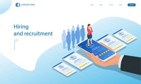 Isometric hiring and recruitment concept. HR job seeking. Online job search, human resource concept. Infographics of Business data visualization. Job interview, recruitment agencyのイラスト素材
