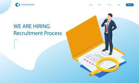 Isometric hiring and recruitment concept. HR job seeking. Online job search, human resource concept. Infographics of Business data visualization. Job interview, recruitment agencyのイラスト素材