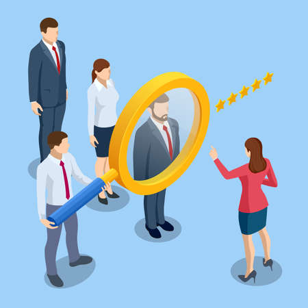 Isometric hiring and recruitment concept. HR job seeking. Online job search, human resource concept. Infographics of Business data visualization. Job interview, recruitment agencyのイラスト素材