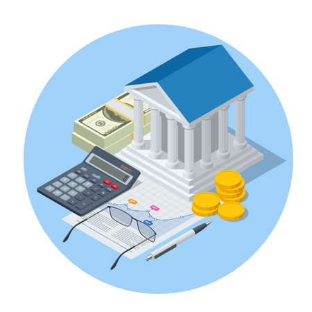 Isometric small business loan form financial concept. Shop that get loans from bank without collateralのイラスト素材