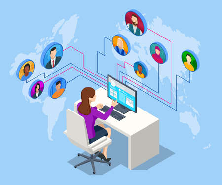 Isometric Social Network Concept. Chatting Mobile Application. Management, Consulting and Marketing.のイラスト素材