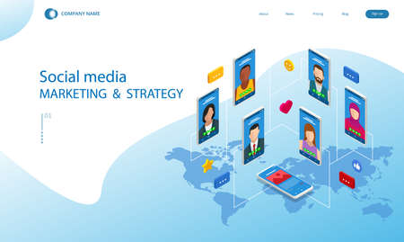 Isometric Social Network Concept. Chatting Mobile Application. Management, Consulting and Marketing.のイラスト素材