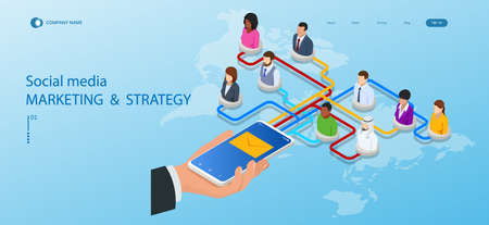 Isometric Social Network Concept. Chatting Mobile Application. Management, Consulting and Marketing.のイラスト素材