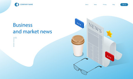 Isometric business news concept. Business news website on digital tablet, everyday searching for job and business opportunitiesのイラスト素材