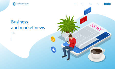 Isometric business news concept. Business news website on digital tablet, everyday searching for job and business opportunitiesのイラスト素材