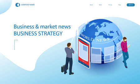 Isometric business news concept. Business news website on digital tablet, everyday searching for job and business opportunitiesのイラスト素材