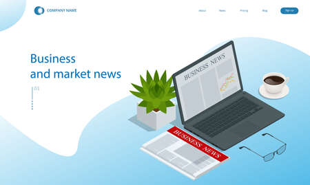 Isometric business news concept. Business news website on digital tablet, everyday searching for job and business opportunitiesのイラスト素材