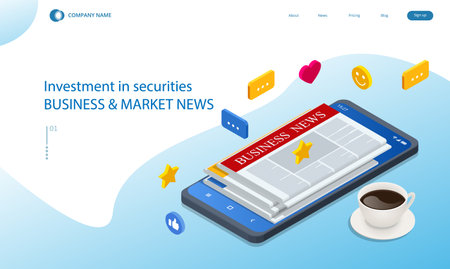 Isometric business news concept. Business news website on digital tablet, everyday searching for job and business opportunitiesのイラスト素材