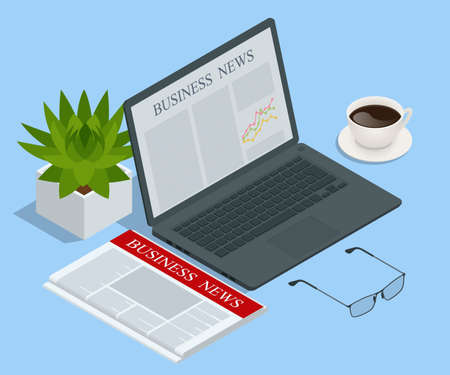 Isometric business news concept. Business news website on digital tablet, everyday searching for job and business opportunitiesのイラスト素材