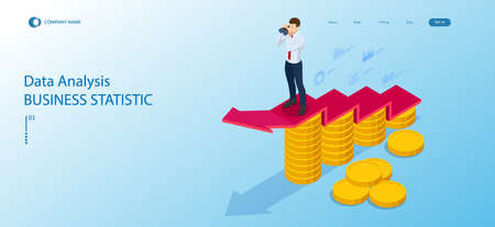 Isometric concept of business analysis, analytics, research, strategy statistic, planning, marketing, study of performance indicators. Investment in securities, smart investment, strategic managementのイラスト素材