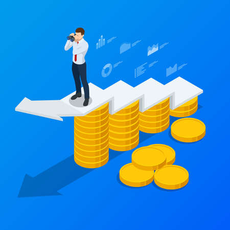 Isometric concept of business analysis, analytics, research, strategy statistic, planning, marketing, study of performance indicators. Investment in securities, smart investment, strategic managementのイラスト素材