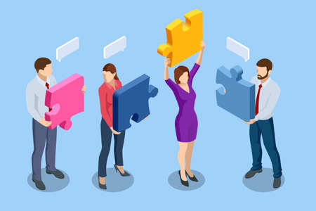 Isometric people connecting puzzle elements. Business teamwork, cooperation, partnership. Team work, team building, corporate organization. Puzzle teamwork.のイラスト素材