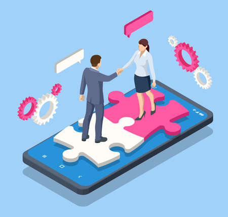 Isometric people connecting puzzle elements. Business teamwork, cooperation, partnership. Team work, team building, corporate organization. Puzzle teamwork.のイラスト素材