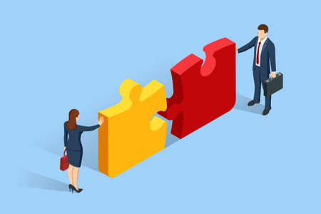 Isometric people connecting puzzle elements. Business teamwork, cooperation, partnership. Team work, team building, corporate organization. Puzzle teamwork.のイラスト素材