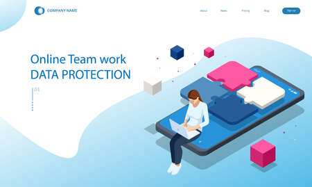 Isometric people connecting puzzle elements. Business teamwork, cooperation, partnership. Team work, team building, corporate organization. Puzzle teamwork.のイラスト素材