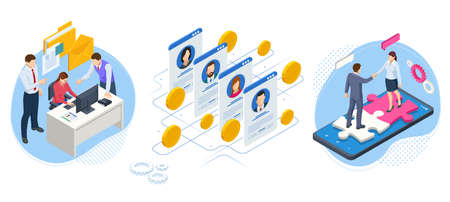 Isometric Hiring and Recruitment Concept. Job Interview, Recruitment Agency. Hr Managers Searching New Employee. Recruitment Process.のイラスト素材