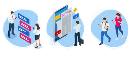 Isometric business news concept. Business news website on digital tablet, everyday searching for job...