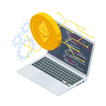 Isometric Ethereum is a decentralized, open-source blockchain with smart contract functionality. Mining and trade Ethereum concept. Ether ETH or is the native cryptocurrency of the platform.のイラスト素材