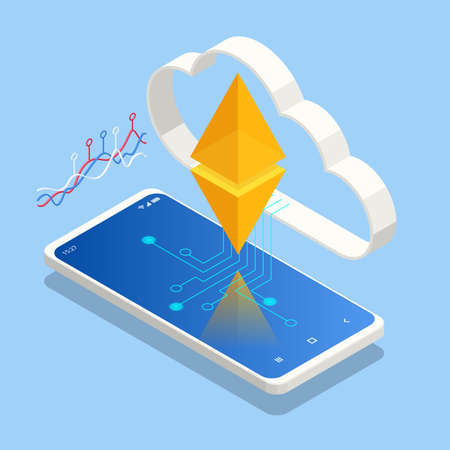 Isometric Ethereum is a decentralized, open-source blockchain with smart contract functionality. Mining and trade Ethereum concept. Ether ETH or is the native cryptocurrency of the platform.のイラスト素材