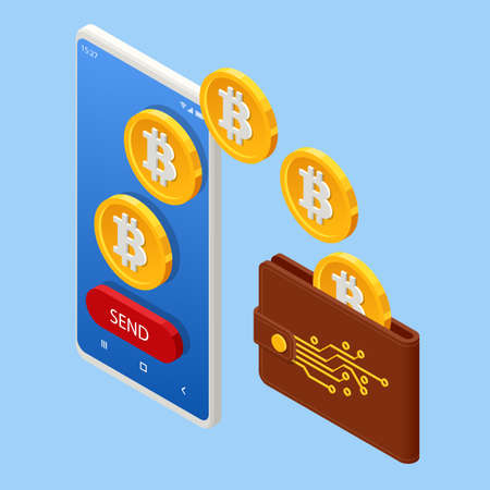 Isometric Digital Wallet technology for cryptocurrency bitcoin. Digital wallet application on mobileのイラスト素材