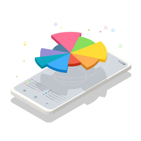 Isometric Futuristic hi tech mobile phone hologram projector. Online statistics and data analytics. Data Analysis, Business Statistic, Management, Consulting, Marketing.のイラスト素材