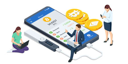 Isometric invest in digital money, increase income, profit. Digital Wallet technology for cryptocurrency ethereum, bitcoin. Investment in cryptocurrency.のイラスト素材