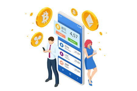 Isometric invest in digital money, increase income, profit. Digital Wallet technology for cryptocurrency ethereum, bitcoin. Investment in cryptocurrency.のイラスト素材
