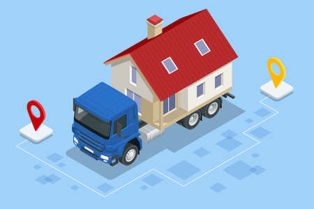Isometric Moving Company Worker Carrying Boxes and Furniture, Truck Delivering. Delivery Truck Full of Home Stuff Inside. Moving to New House. Boxes with Goods. Man with Cardboard Boxes.のイラスト素材