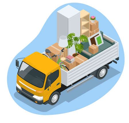Isometric Moving Company Worker Carrying Boxes and Furniture, Truck Delivering. Delivery Truck Full of Home Stuff Inside. Moving to New House. Boxes with Goods. Man with Cardboard Boxes.のイラスト素材