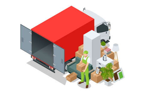 Isometric Moving Company Worker Carrying Boxes and Furniture, Truck Delivering. Delivery Truck Full of Home Stuff Inside. Moving to New House. Boxes with Goods. Man with Cardboard Boxes.のイラスト素材