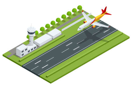 Isometric big passenger airplane is landing to runway of airport. An airliner, aircraft for transporting passengers and air cargo.のイラスト素材