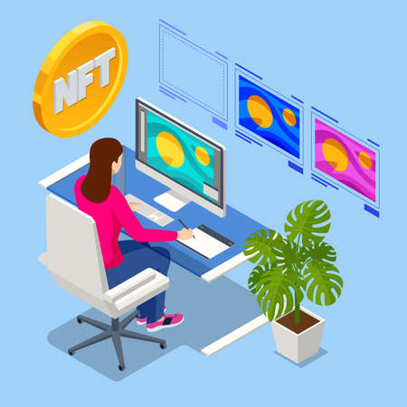 Isometric NFT Non-fungible token is a unique and non-interchangeable unit of data stored on a digital ledger blockchain. Digital art NFTs, generative artのイラスト素材