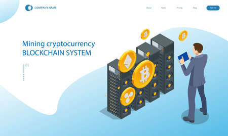 Isometric Cryptomining farm concept. Cryptocurrency Mining Equipment. Mining cryptocurrency Coin Using GPU Cardのイラスト素材