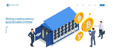 Isometric Cryptomining farm concept. Cryptocurrency Mining Equipment. Mining cryptocurrency Coin Using GPU Cardのイラスト素材
