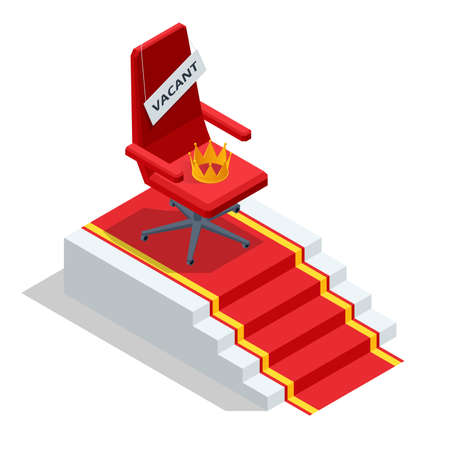 Isometric Golden Crown. Job recruiting advertisement, Job opportunity. Office chair and a sign vacant. Hiring and recruitment.のイラスト素材