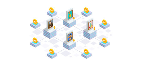 Isometric Digital art NFTs, generative art. NFT Non-fungible token is a unique and non-interchangeable unit of data stored on a digital ledger blockchain. Online payment, transactionのイラスト素材