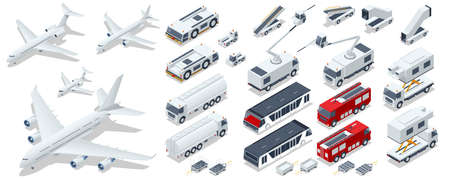 Isometric Service Vehicles, Self-Propelled Ladder, Airplane passenger plane. Business aircraft, Corporate jet. Aerodrome Tow Tractor, Gasoline and Fire Engineのイラスト素材