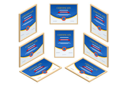 Certificate isometric view straight, left, right, top. Certificate template of achievement border template with badge for award, business, and education needsのイラスト素材