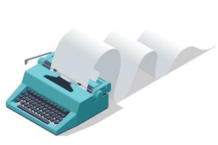 Isometric vintage typewriter with blank paper to write text. Typewriter machine in retro style....