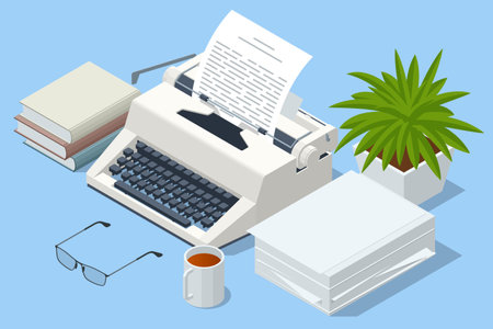 Isometric Vintage typewriter and papers. Typewriter machine in retro style. World Writer Day.のイラスト素材