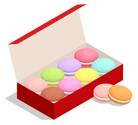 Isometric box with colourful macaroons. Dessert. French macaroon cake.のイラスト素材