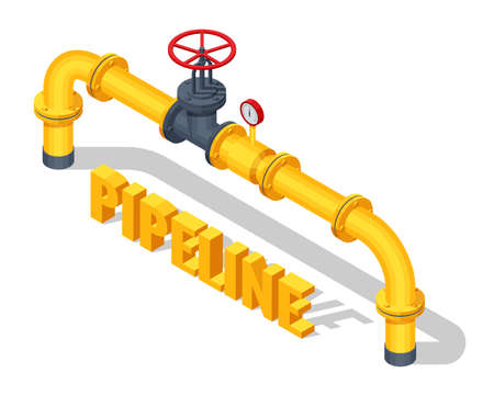 Isometric Valves and Piping, Communications, Stop Valves, Appliances for Gas Pumping Station. Opening or closing pipeline valve. Gas industry, gas transport system.のイラスト素材