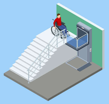 Isometric modern wheelchair lift near the building. The special elevator for the disabled. Adaptation for people with disabilities, disabled people. Assistance, rehabilitation and health care.のイラスト素材
