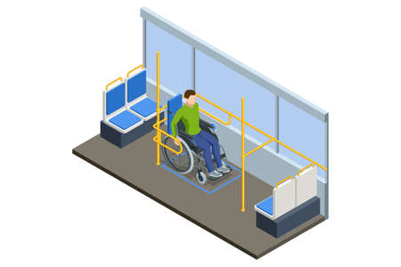 Isometric Man in a Wheelchair Travels by Bus. Wheelchair Safety on Fixed Route Public Transportation. Riding with Securityのイラスト素材