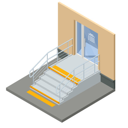 Isometric yellow braille block and gray stairs for blind handicap. Yellow tactile pavement for the visually impaired on the sidewalk in front of the stairsのイラスト素材