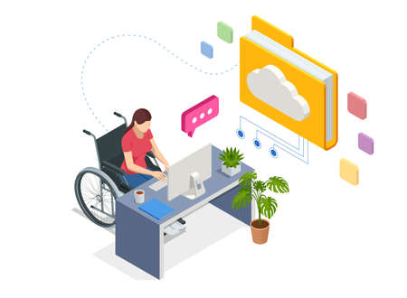 Isometric modern cloud technology, networking concept. Web cloud technology business. Internet data services. Woman with a disability, woman with laptop. Person who uses a wheelchair, wheelchair userのイラスト素材